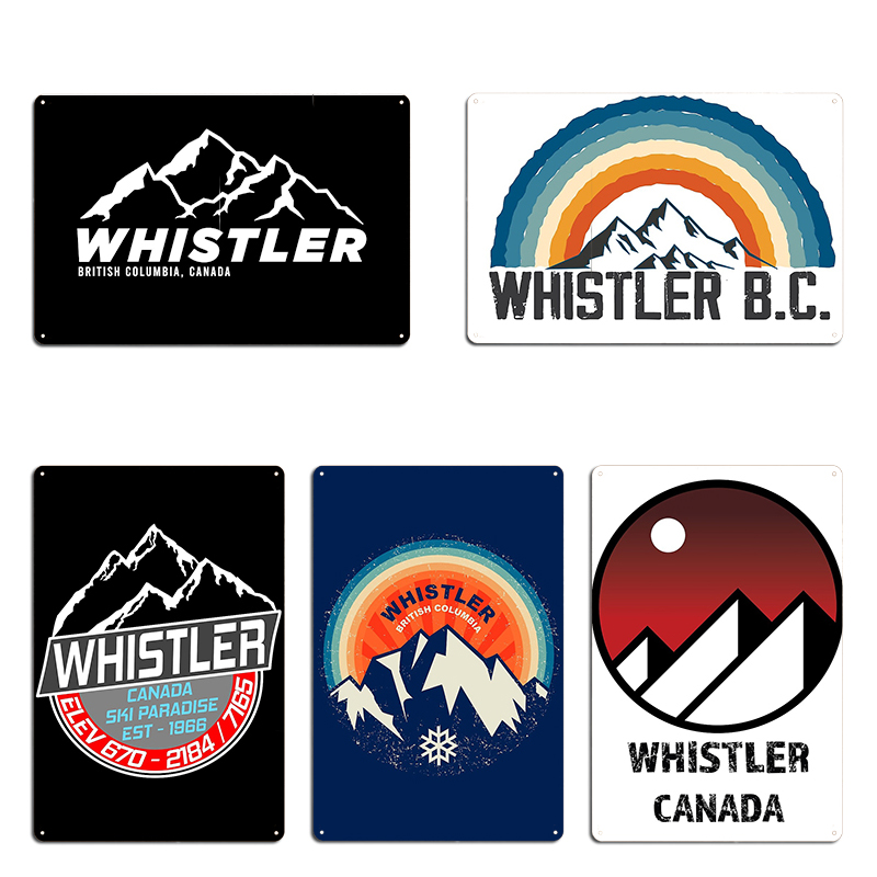 Mountain Biking Whistler - レトロなスキーホイッスル、カナダのスキーとマウンテンバイクのパラダイス、金属の看板、クラブバーのデザイン、ブリキの看板のポスター